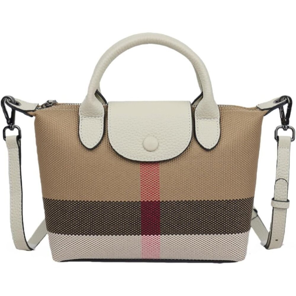 women Lvory White Vintage Leather Shoulder Bag Canvas Top Handle